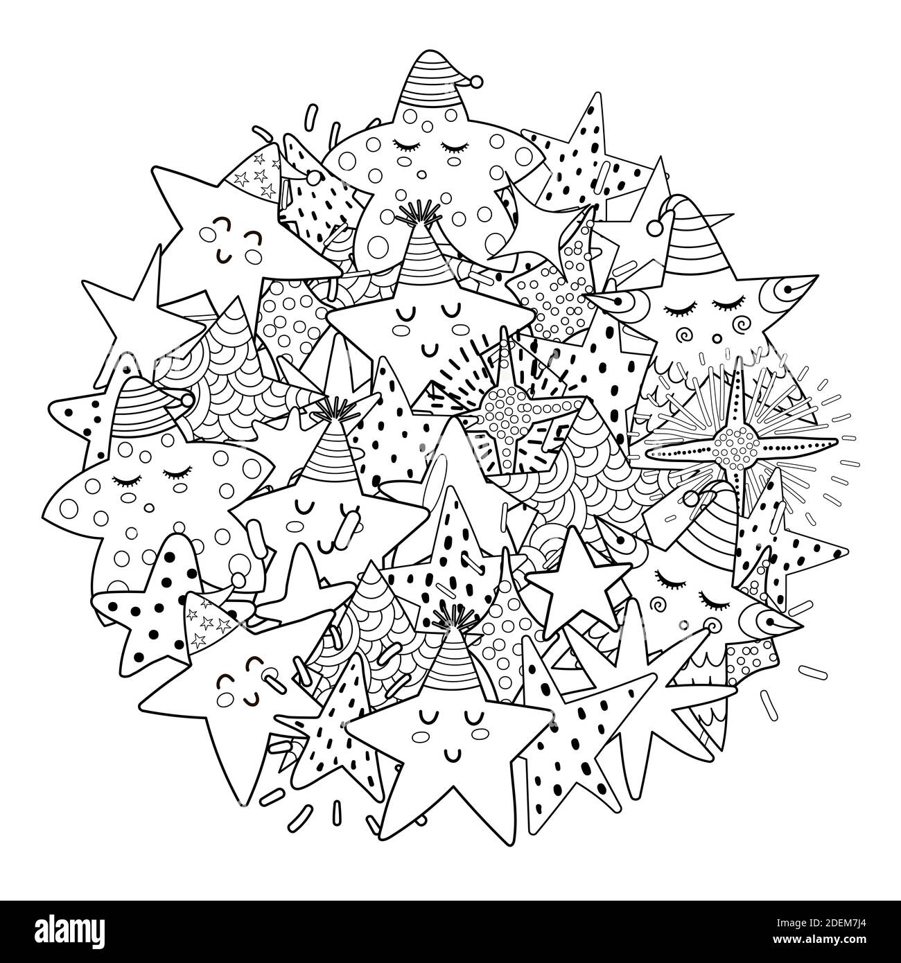 Motif en forme de cercle des étoiles Doodle pour le livre de coloriage. Impression noir et blanc Illustration de Vecteur