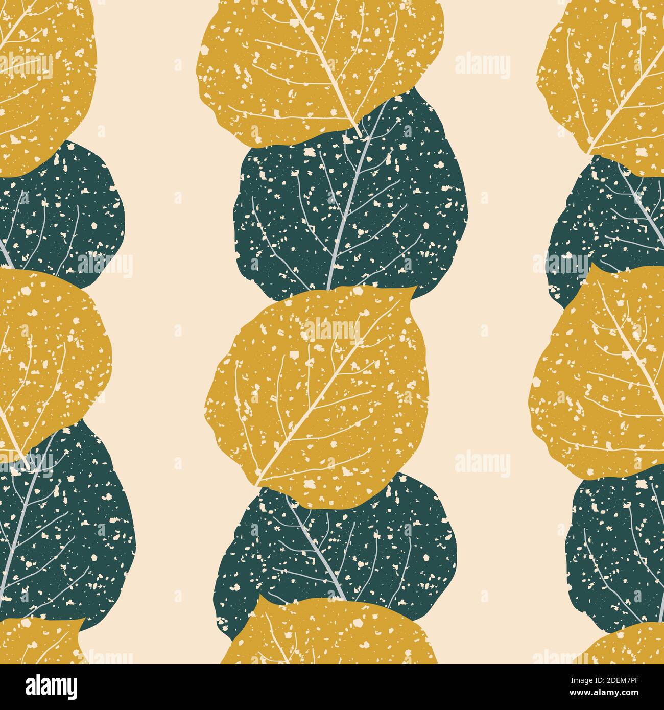 Fond de motif vectoriel transparent à feuilles de peuplier faux-tremble vert et doré. Chevauchement de rangées verticales de feuilles dessinées à la main dans les couleurs d'automne sur fond blanc crème Illustration de Vecteur