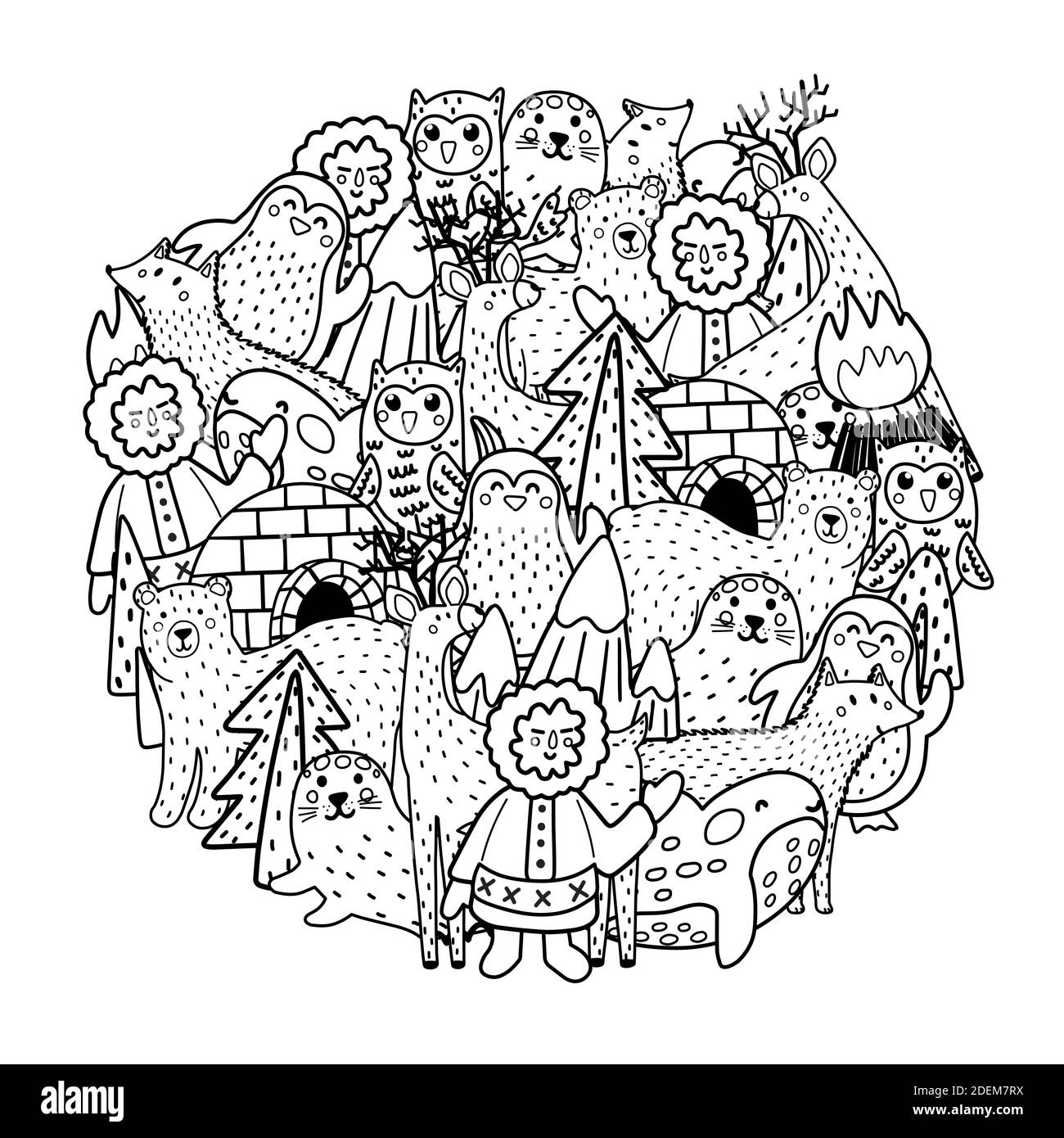 Motif de forme circulaire pour animaux arctiques pour livre de coloriage. Impression noir et blanc Illustration de Vecteur