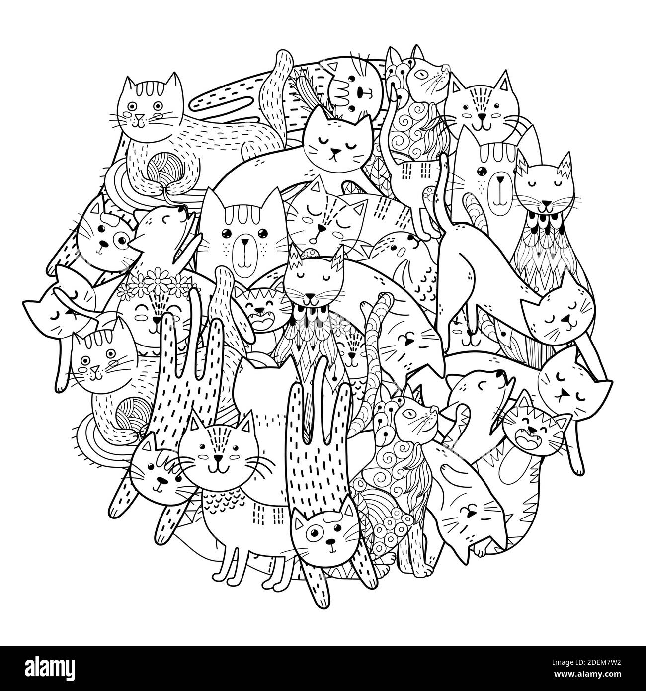 Imprimé en forme de cercle avec des chats amusants. Page de coloriage avec caractères félins Illustration de Vecteur