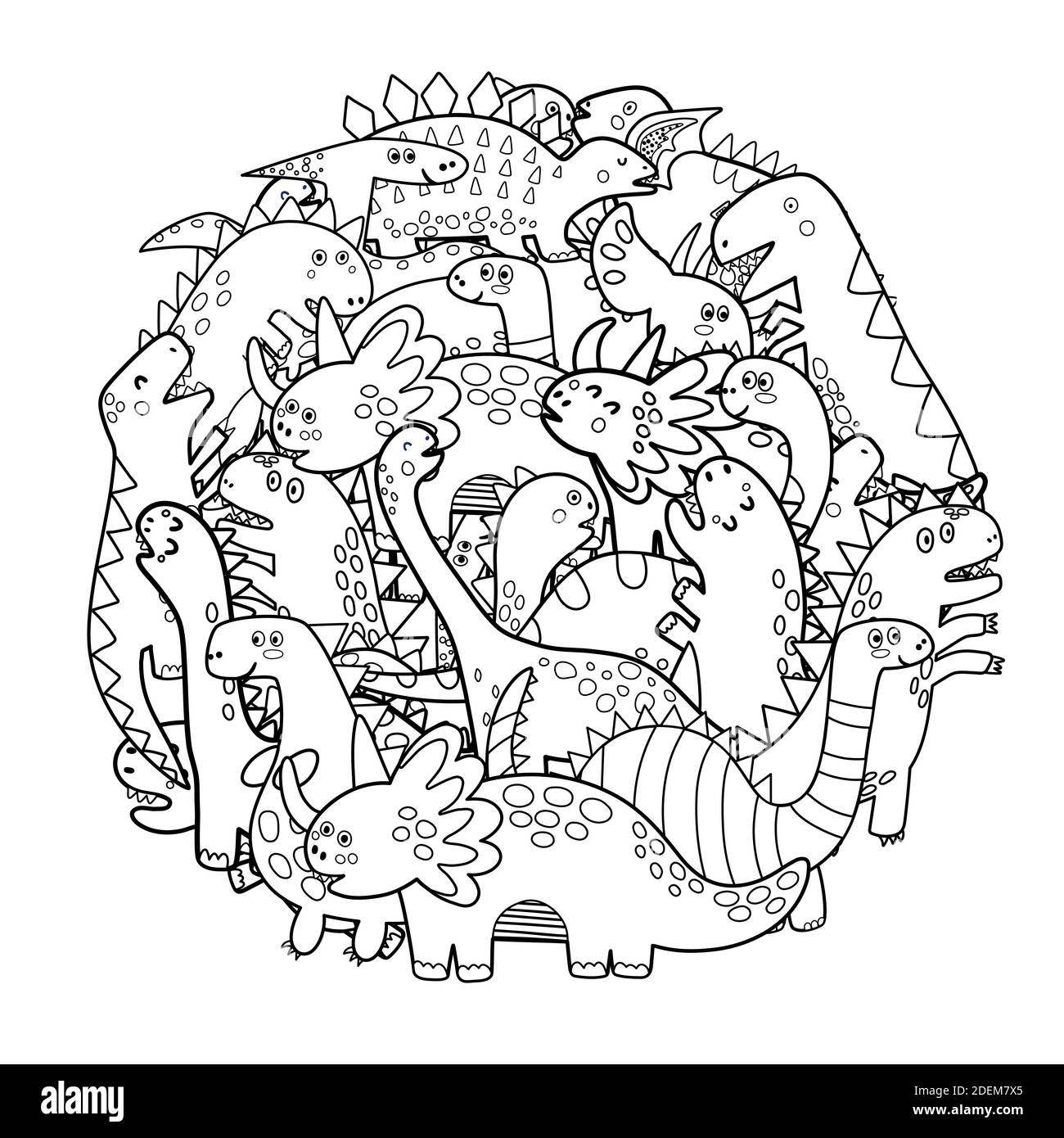 Page de coloriage en forme de cercle avec de jolis dinosaures. Mandala avec dinos Illustration de Vecteur