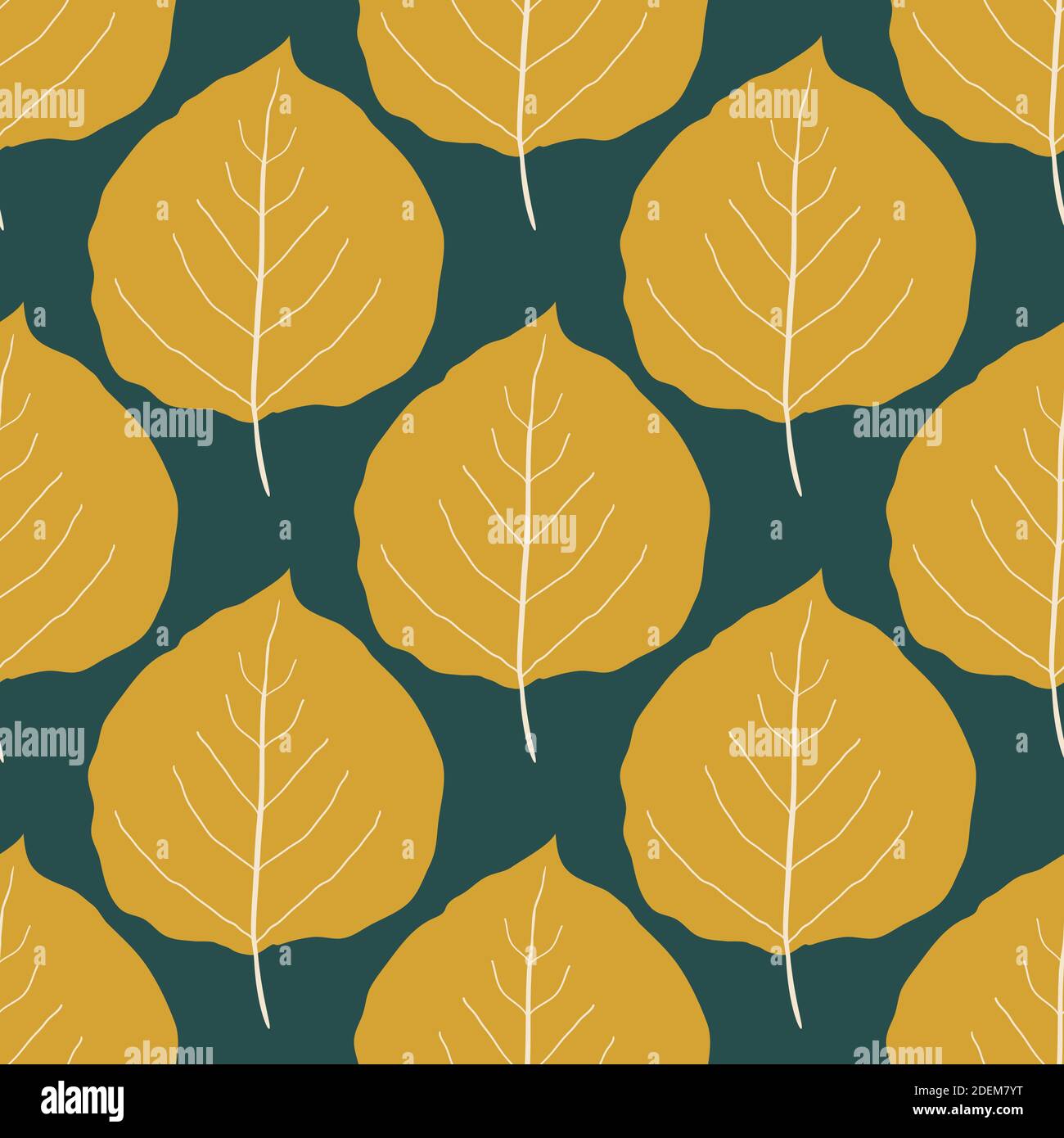 Fond de motif vectoriel sans couture à feuilles de peuplier doré. Magnifiques feuilles dessinées à la main aux couleurs de l'automne sur fond vert marin foncé. Motif feuillage botanique Illustration de Vecteur