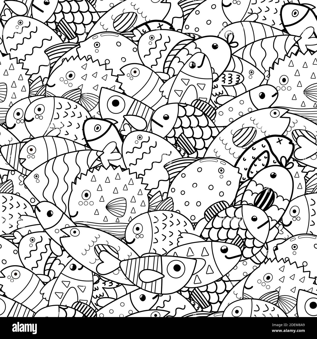 Motif de poisson sans couture noir et blanc Doodle. Page de coloriage SEA LIFE Illustration de Vecteur