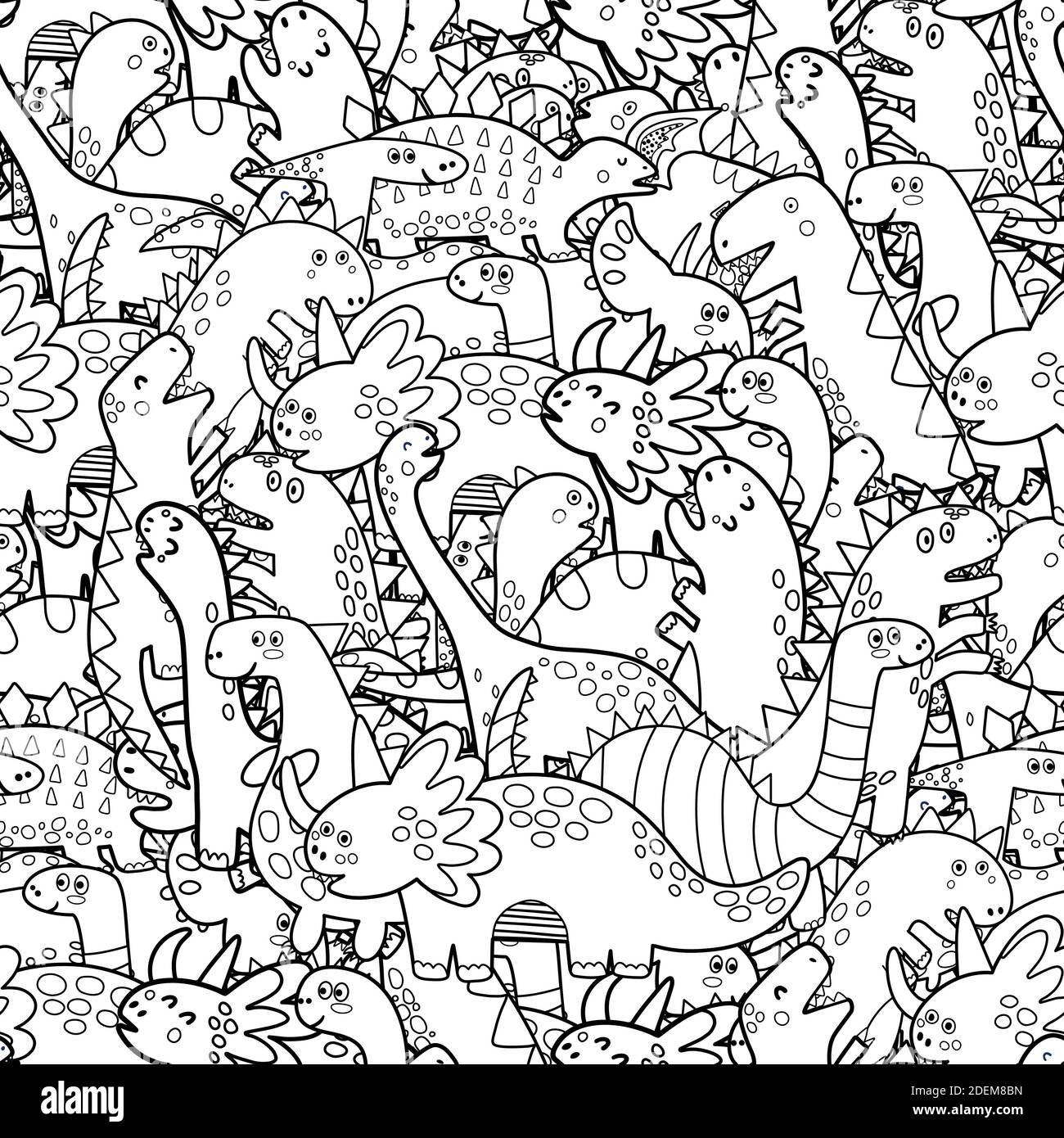 Motif noir et blanc sans coutures Dinosaurs. Page de coloriage Doodle Dinos Illustration de Vecteur