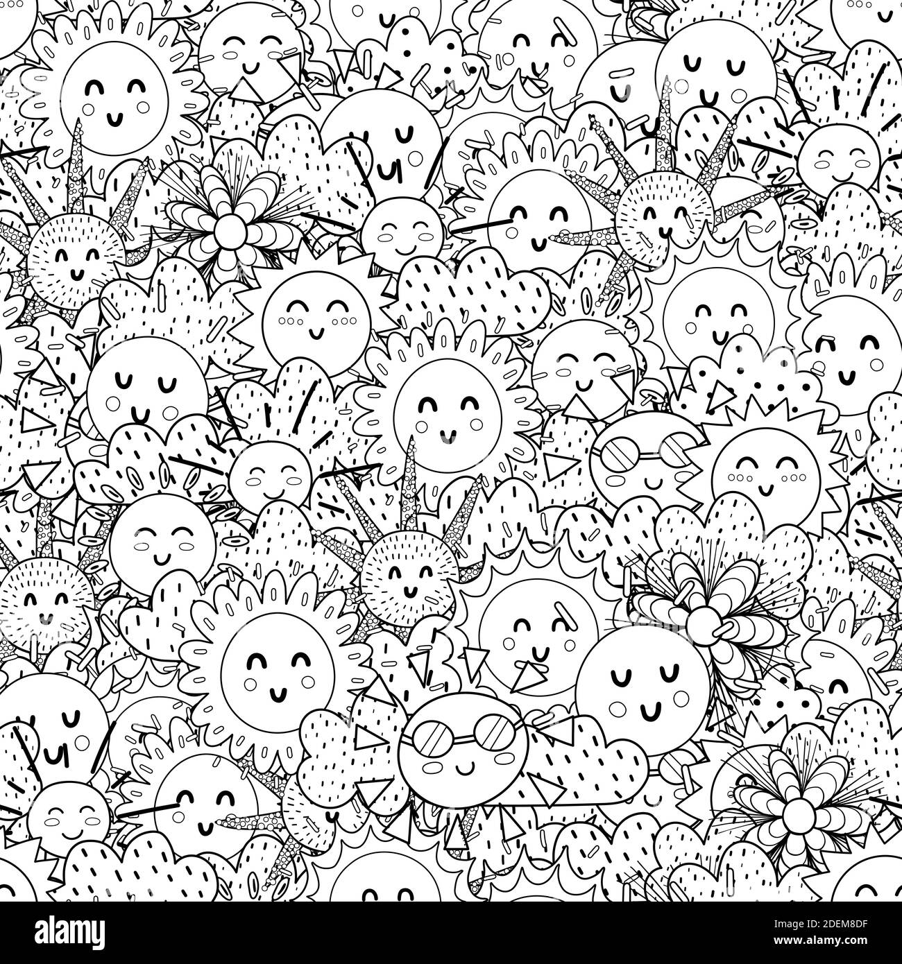 Motif noir et blanc sans coutures pour le soleil. Page de coloriage antistress Doodle Summer Illustration de Vecteur