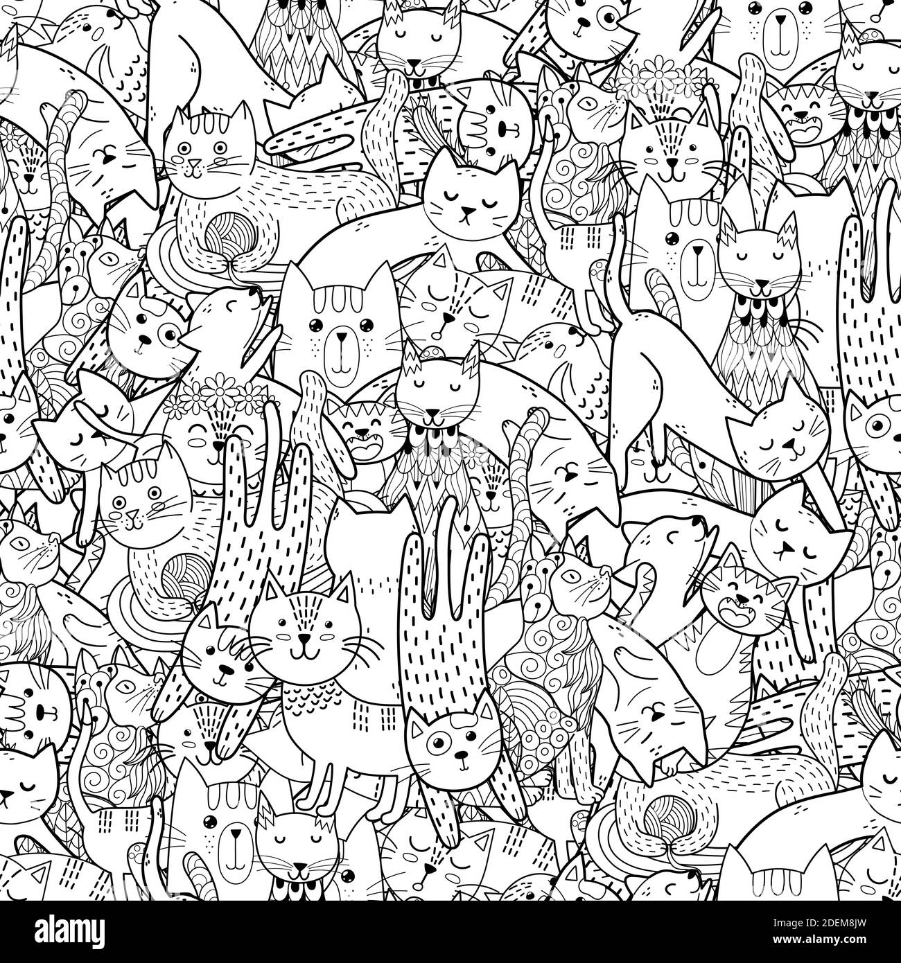 Motif sans couture noir et blanc de chats Doodle drôle. Page de coloriage pour adultes et enfants Illustration de Vecteur