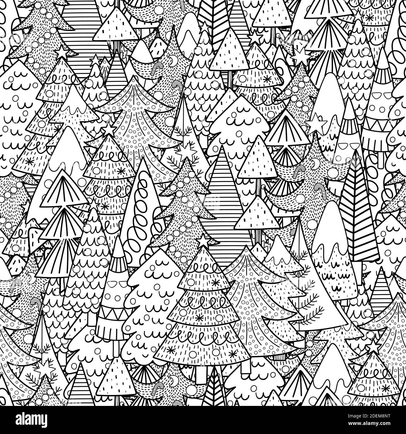 Arbres de Noël noir et blanc sans coutures. Page de coloriage hiver Illustration de Vecteur