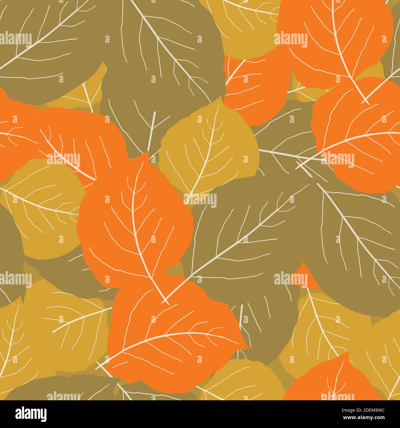 Orange, or, brun clair feuille de peuplier faux-tremble fond de motif vectoriel sans couture. Chevauchement de feuilles dessinées à la main dispersées en couleurs d'automne. Résumé de texture Illustration de Vecteur