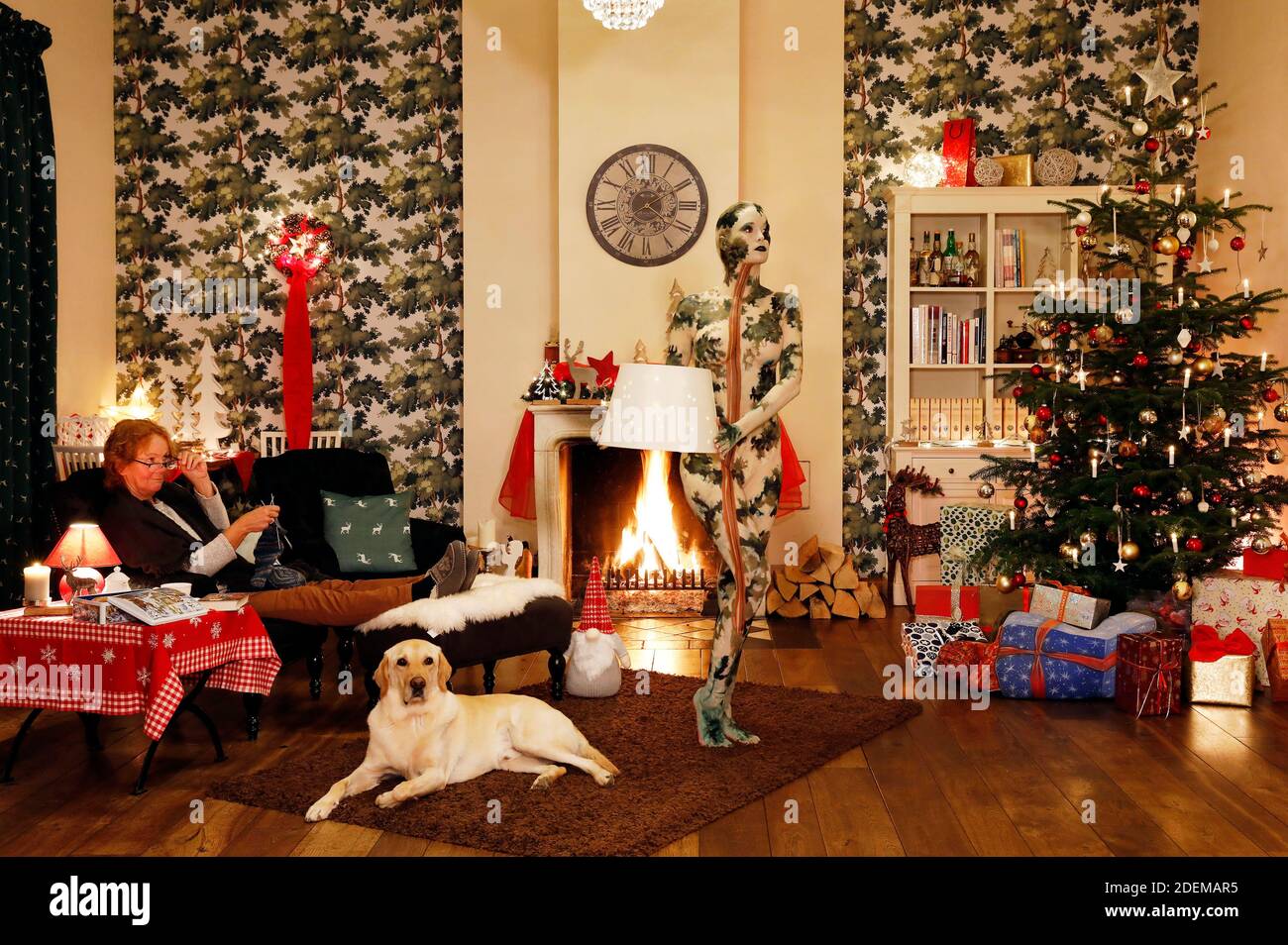 Peinture de Noël avec la grand-mère Sabine S., chien Louis, modèle Marilena comme une lampe de plancher qui laisse l'ensemble et modèle Darky comme un cadeau au restaurant Château Hehlen. Travail sur le clip de Noël "le Noël de l'artiste - UN Bodypainting clip vidéo de l'atelier Düsterwald" par Jörg Düsterwald et Alexander grosse-Strangmann. Hehlen le 28 novembre 2020 Banque D'Images