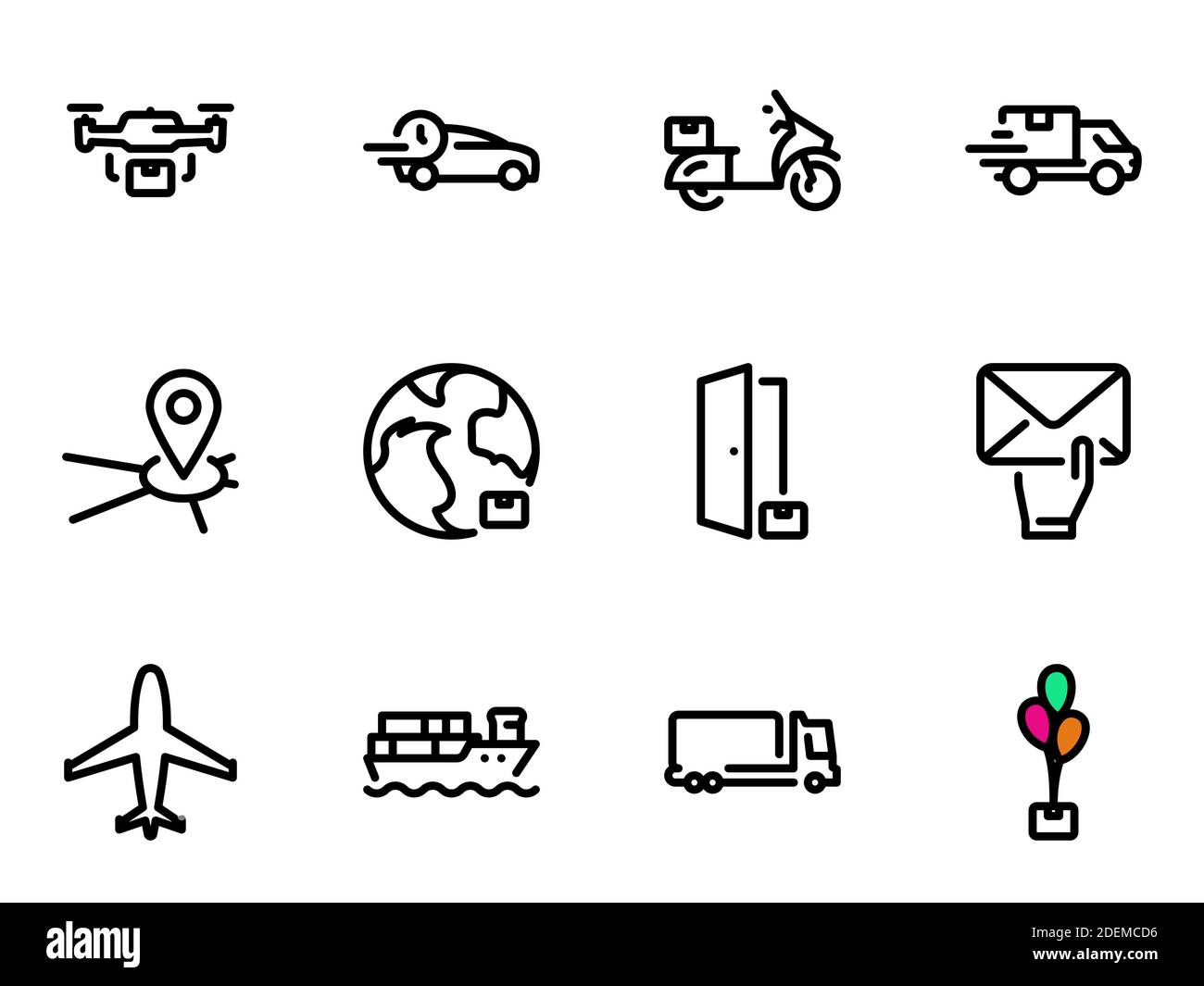 Ensemble d'icônes vectorielles noires, isolées sur fond blanc. Illustration sur un thème Service pour la livraison de marchandises Illustration de Vecteur