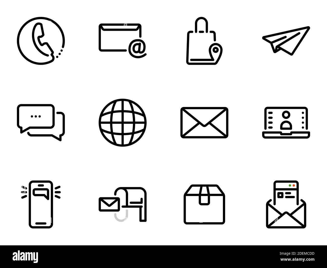 Ensemble d'icônes vectorielles noires, isolées sur fond blanc. Illustration sur un thème Mail, livraison de lettres Illustration de Vecteur