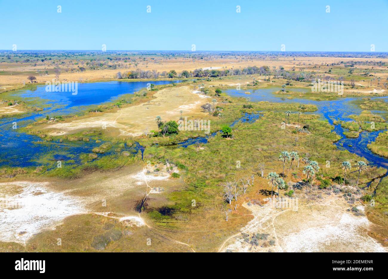 Vue panoramique aérienne sur le paysage du delta d'Okavango à l'approche de la piste d'atterrissage de Nxabega, au nord du Botswana, en Afrique australe Banque D'Images