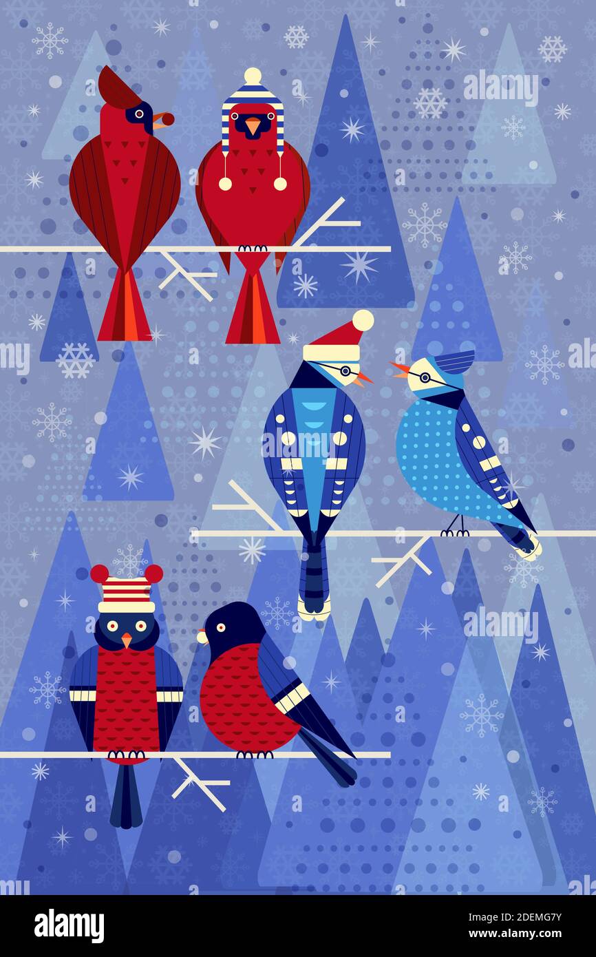 Jardin d'hiver plat oiseaux dans les chapeaux drôles Illustration de Vecteur