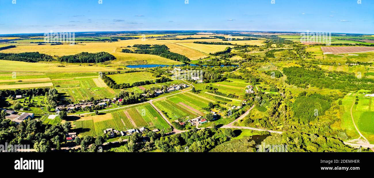 Paysage aérien de Tchernozemye russe. Village de Pozdnyakovo, région de Kursk Banque D'Images