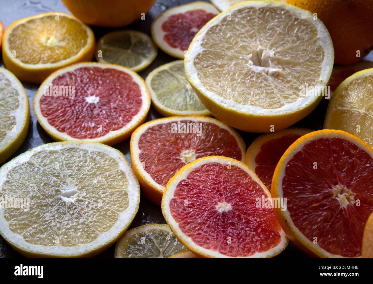 Cercles de fruits orange rouge sur fond gris foncé. Gros plan sur la texture citronnée. Photo de dessus des oranges juteuses. Banque D'Images