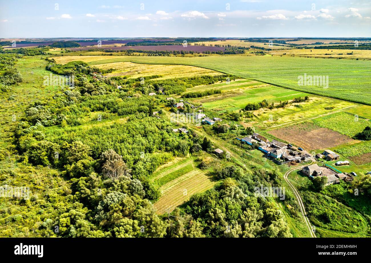 Paysage aérien de Tchernozemye russe. Village de Lukyanchikovo, région de Kursk Banque D'Images