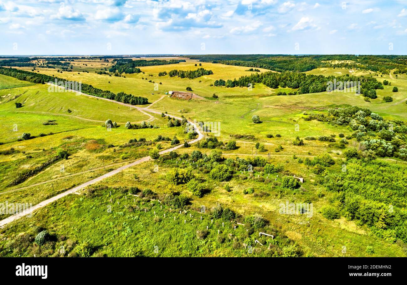 Paysage aérien de Tchernozemye russe. Village de Lukyanchikovo, région de Kursk Banque D'Images
