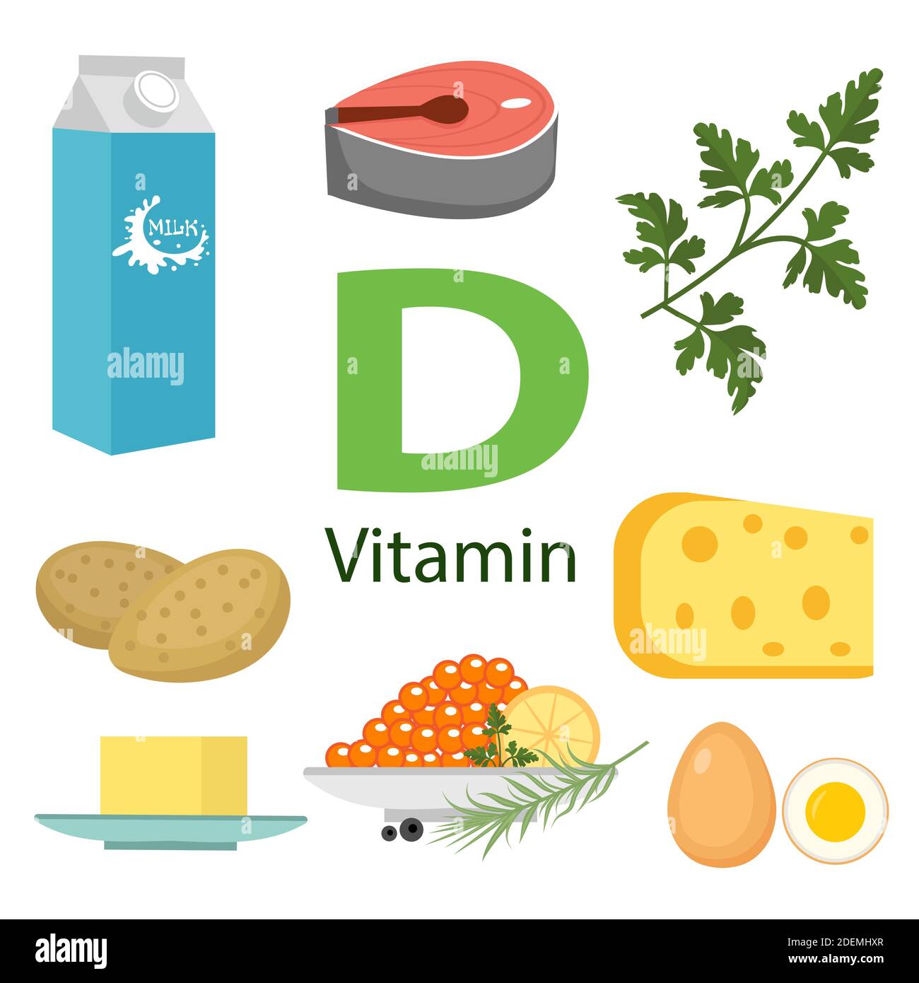 Illustrations vectorielles plates de la vitamine D. Aliments contenant de la vitamine D sur la table. Source de vitamine D : haricots, œufs, lait, poisson, fromage, persil isolé Illustration de Vecteur
