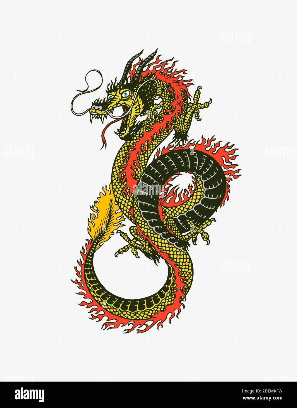 Dragon japonais. Animal mythologique ou reptile traditionnel asiatique. Symbole pour tatouage ou étiquette. Dessin au trait gravé à la main Art ancien monochrome Illustration de Vecteur