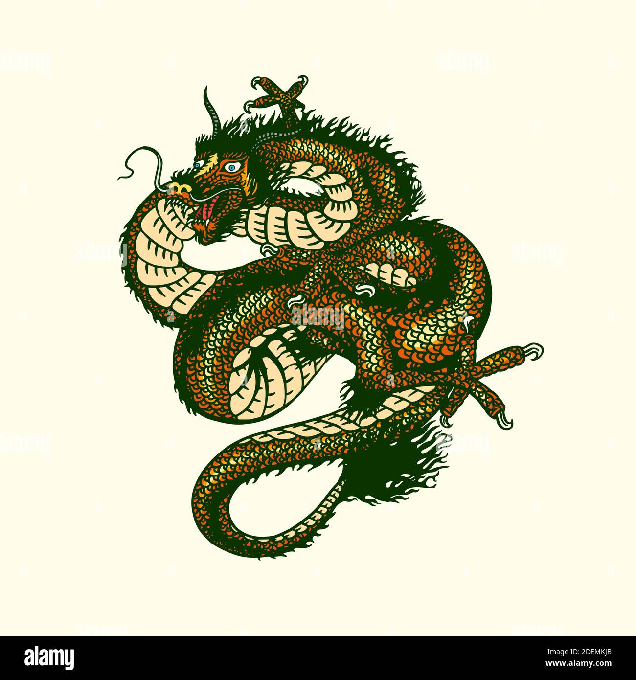 Dragon japonais. Animal mythologique ou reptile traditionnel asiatique. Symbole pour tatouage ou étiquette. Dessin au trait gravé à la main Art ancien monochrome Illustration de Vecteur