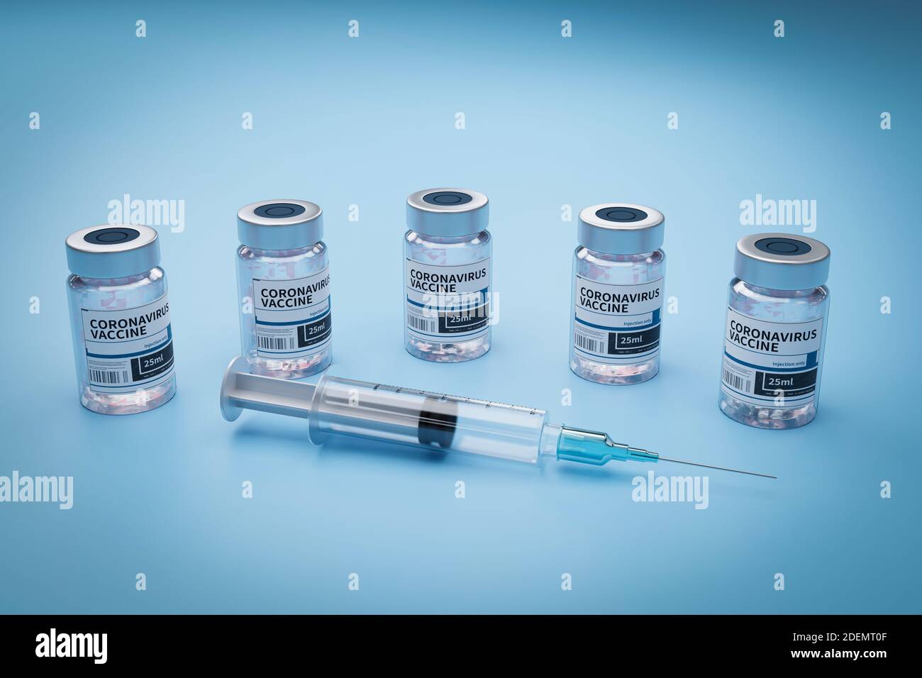 Ampoules avec le vaccin Covid-19 sur un banc de laboratoire. Pour combattre le coronavirus. rendu 3d Banque D'Images