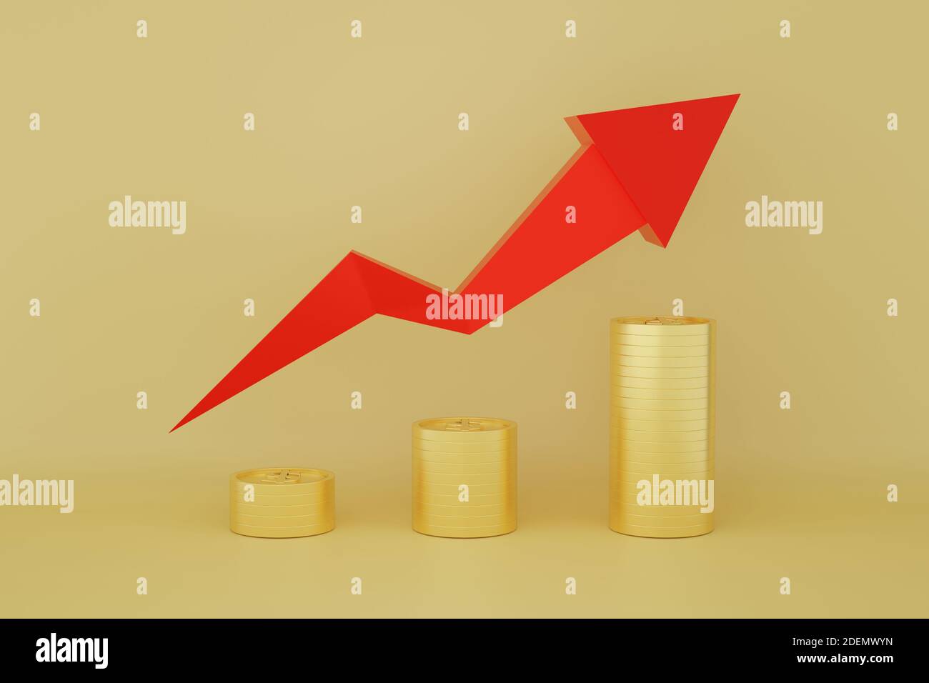 Les pièces de monnaie s'empilent avec un graphique à flèches rouges et un graphique en progression avec un fond doré. Concept de piles financières et de plus en plus. Illustration du rendu 3D Banque D'Images
