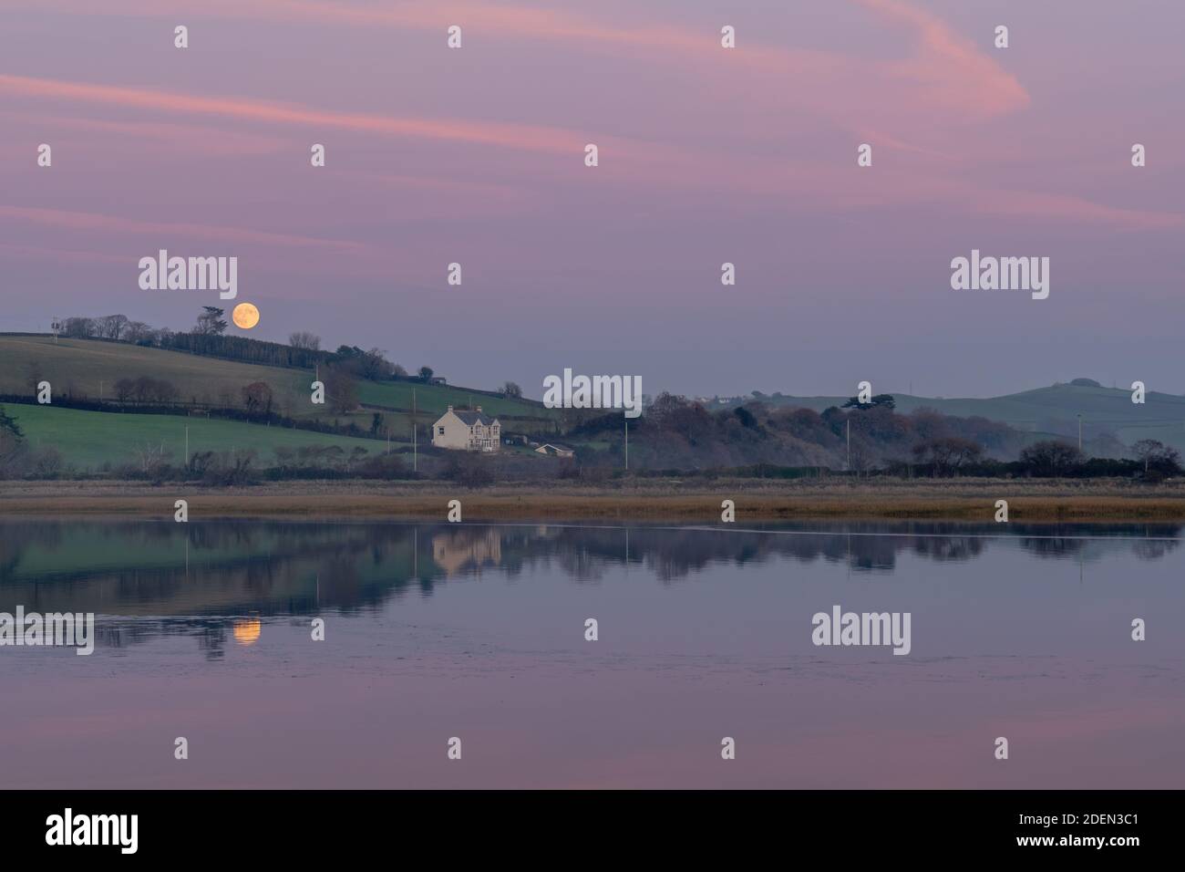 Lever de lune et coucher de soleil rose sur la rivière Torridge près de Bideford. Devon, Angleterre. Novembre. Banque D'Images