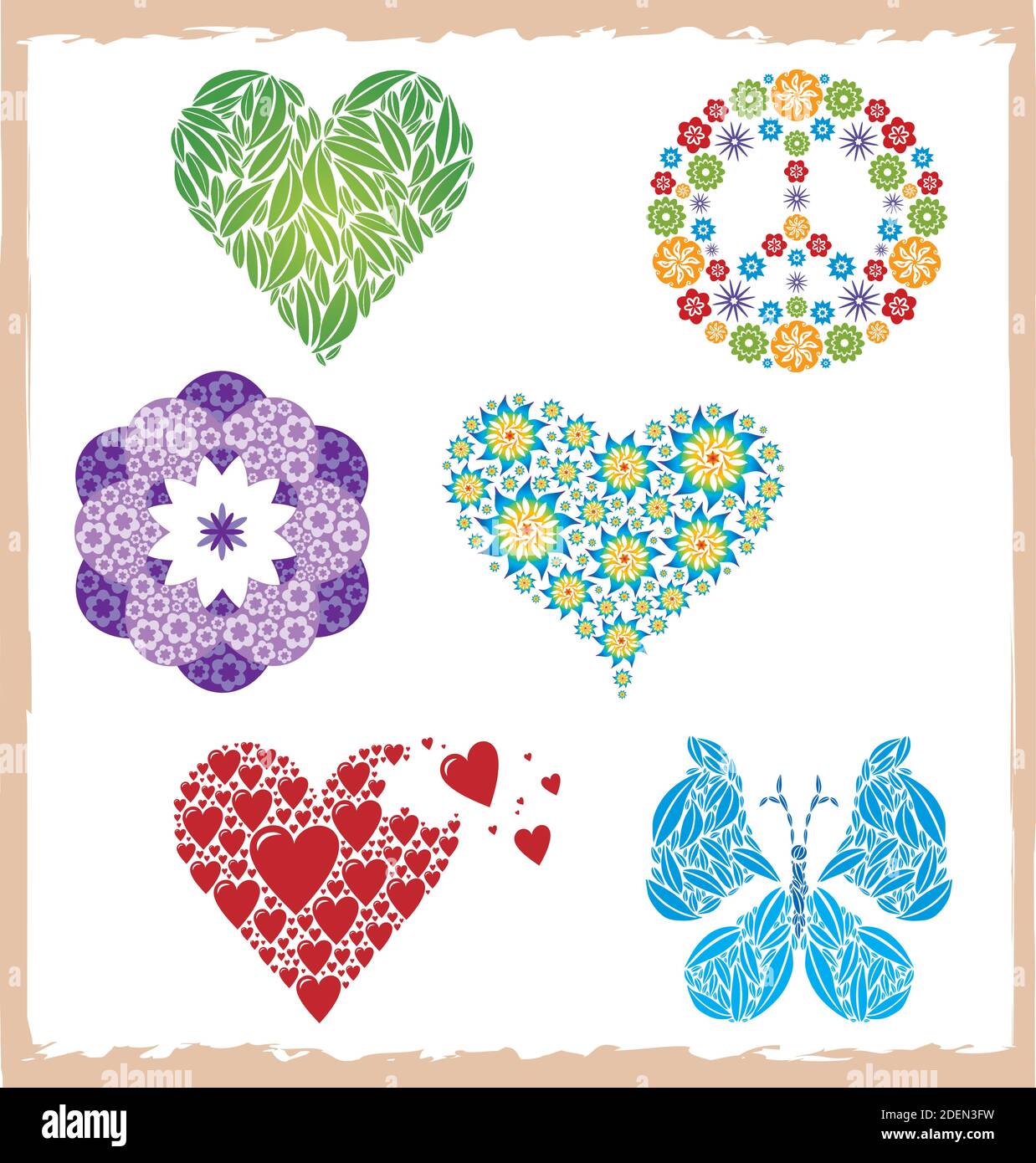 Ensemble de motifs coeur, fleur, paix et symbole, silhouette de papillon, cadre grundy Illustration de Vecteur