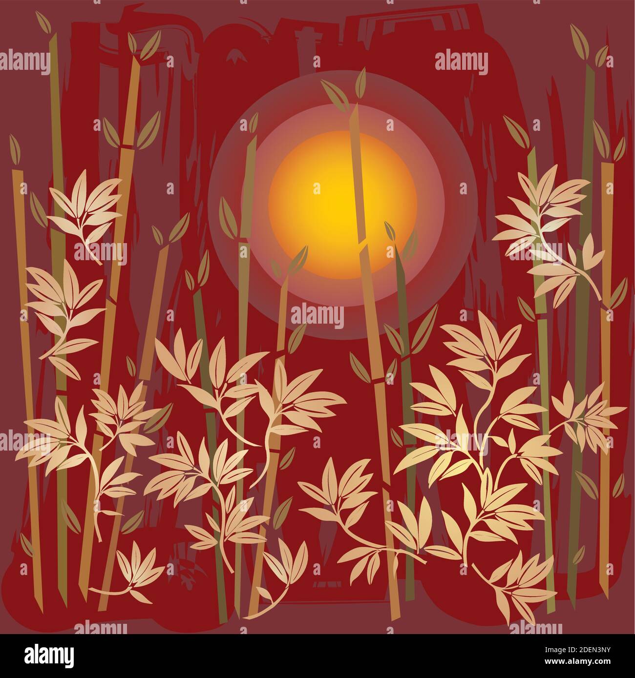 Illustration du coucher de soleil sur un paysage asiatique avec Bambous en rouge et or Couleurs - Design de jardin Illustration de Vecteur