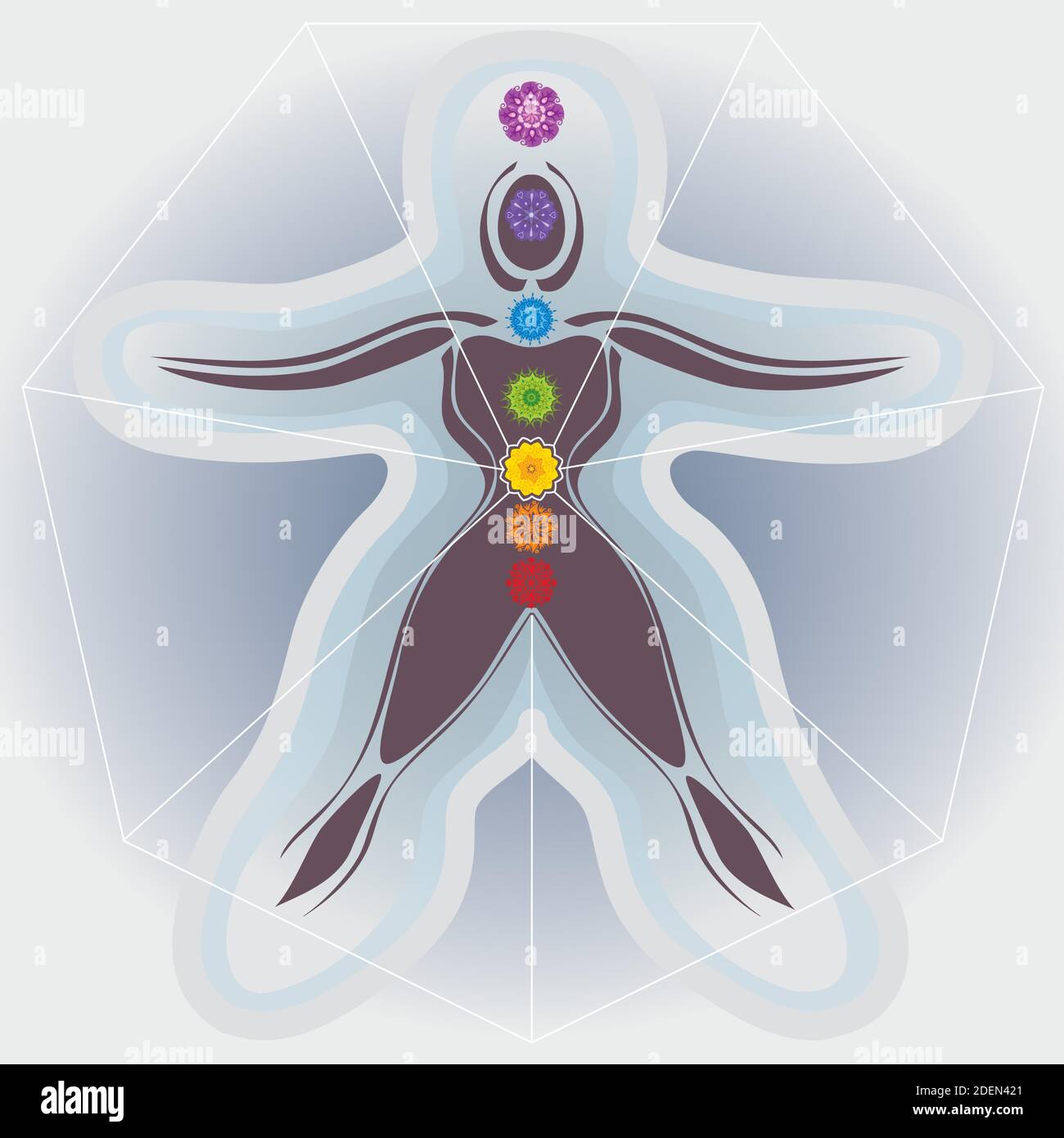 7 Chakras de corps avec les champs de Mandalas et d'Auric dans l'heptagon - couleurs arc-en-ciel Illustration de Vecteur