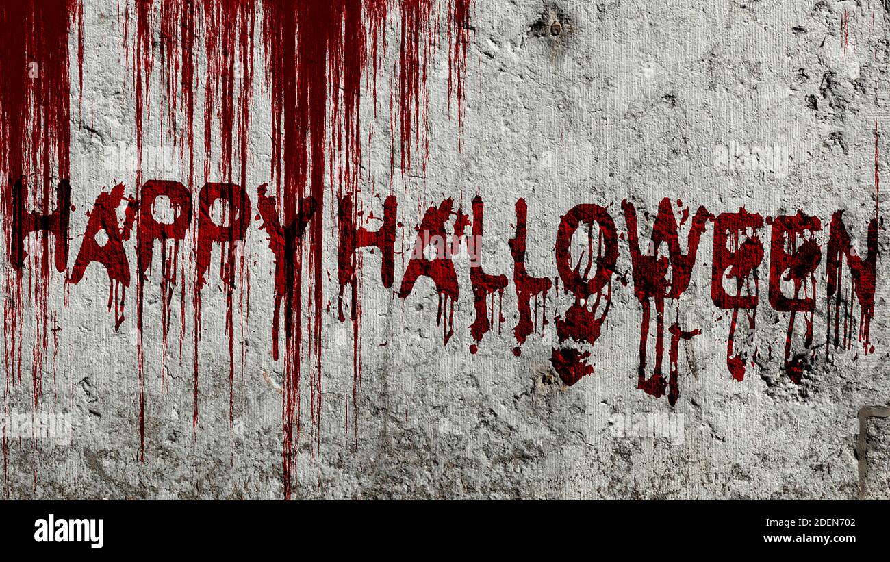 Une illustration d'une phrase sanglante 'HAPPY HALLOWEEN' écrite sur le mur  - le concept de la mort sanglante, Halloween Photo Stock - Alamy