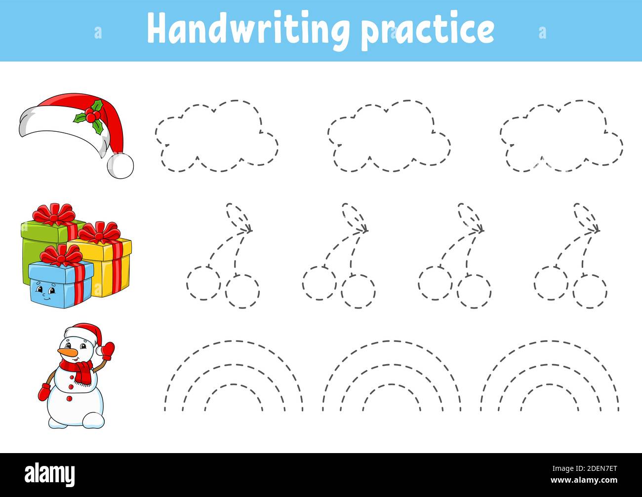 Activité d'écriture manuscrite. Thème de Noël. Feuille de travail de développement de l'éducation. Page activité. Jeu de couleurs pour les enfants. Illustration vectorielle isolée. Bande dessinée Illustration de Vecteur