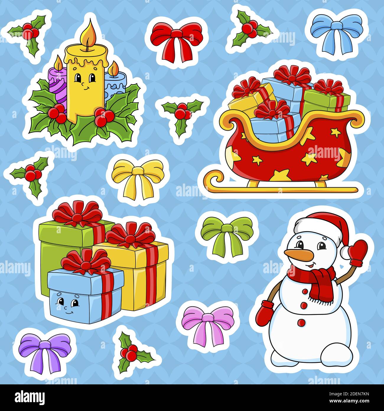 Ensemble d'autocollants avec de jolis personnages de dessin animé. Thème de Noël. Dessiné à la main. Pack coloré. Illustration vectorielle. Collection de badges patch. Conception de l'étiquette e Illustration de Vecteur