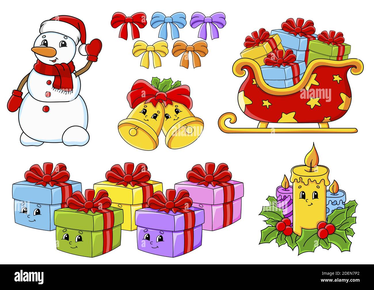 Ensemble d'autocollants avec de jolis personnages de dessin animé. Thème de Noël. Dessiné à la main. Pack coloré. Illustration vectorielle. Collection de badges patch. Conception de l'étiquette e Illustration de Vecteur