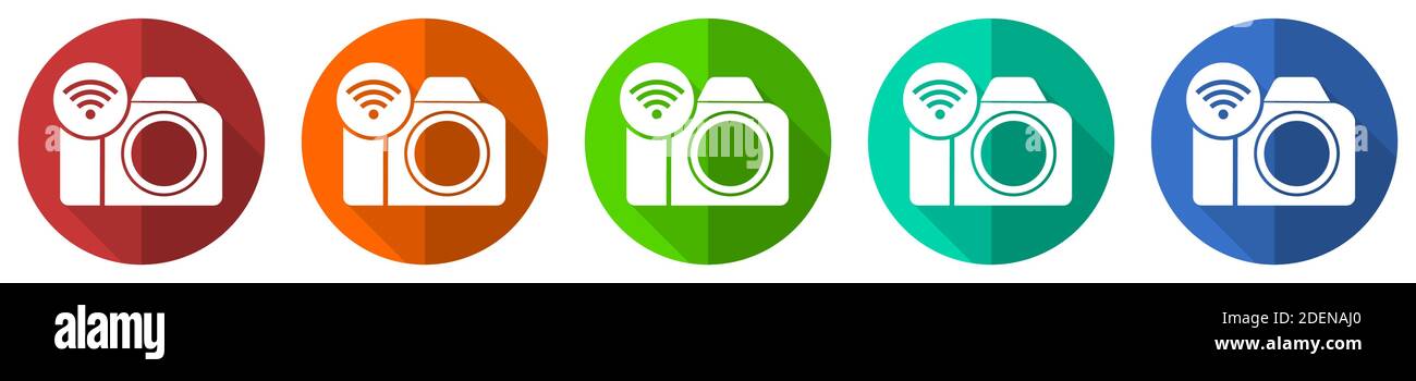 Photo camera, communication, ensemble d'icônes vectorielles wifi, boutons Web à design plat rouge, bleu, vert et orange isolés sur une illustration vectorielle blanche Illustration de Vecteur