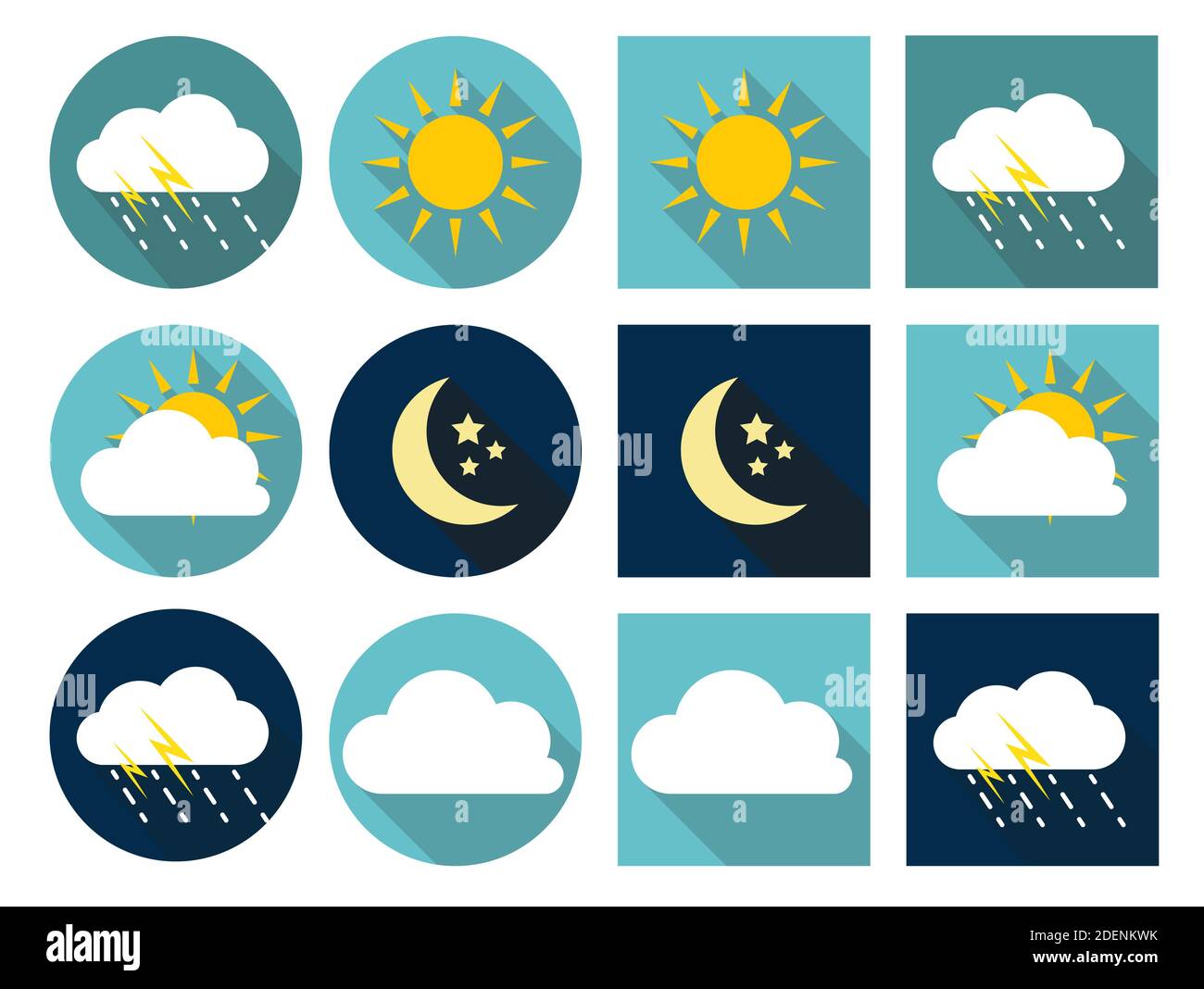 Icônes météo avec soleil, nuage, pluie et lune de style plat avec ombres longues Banque D'Images