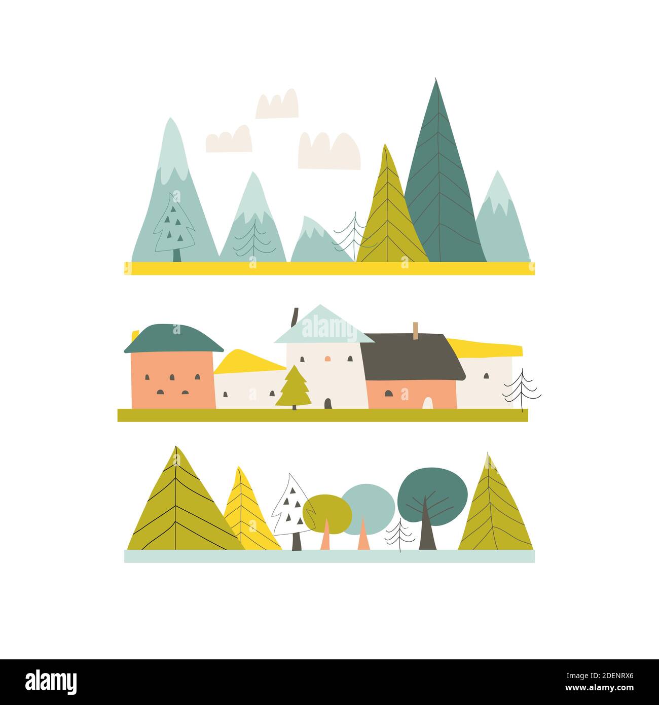 Paysage d'été animé avec maisons, montagnes et arbres Illustration de Vecteur