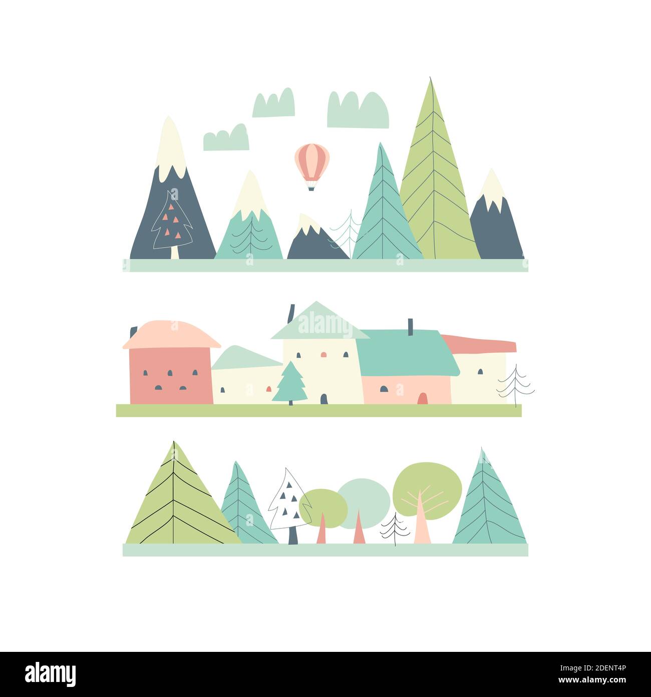 Paysage de printemps de dessin animé avec maisons, montagnes et arbres Illustration de Vecteur