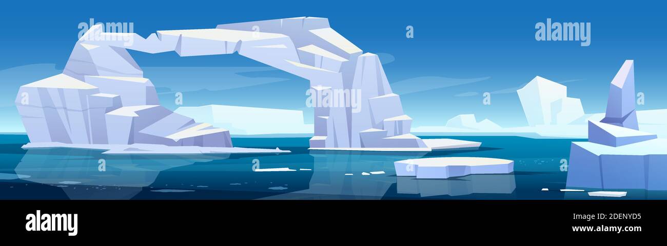 Paysage arctique avec iceberg en fonte et glaciers flottant en mer. Concept de l'alerte mondiale et du changement climatique. Illustration vectorielle de la glace polaire ou antarctique dans l'eau bleue de l'océan Illustration de Vecteur