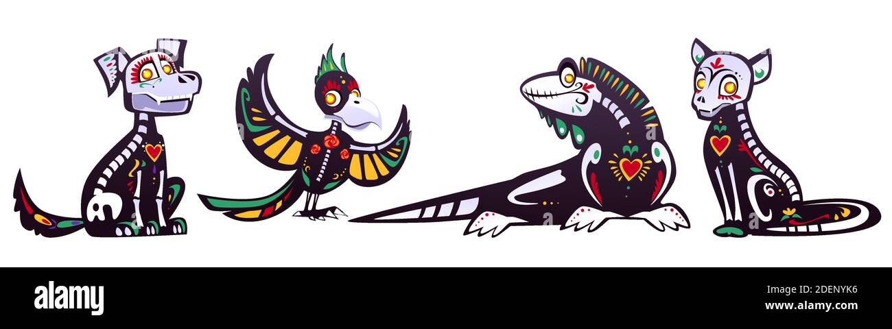 Dia de los Muertos, Journée mexicaine des morts avec des squelettes d'animaux. Ensemble de dessins animés vectoriels de chat noir, chien, perroquet et lézard avec un motif coloré d'os, de crânes, de coeur et de fleurs Illustration de Vecteur