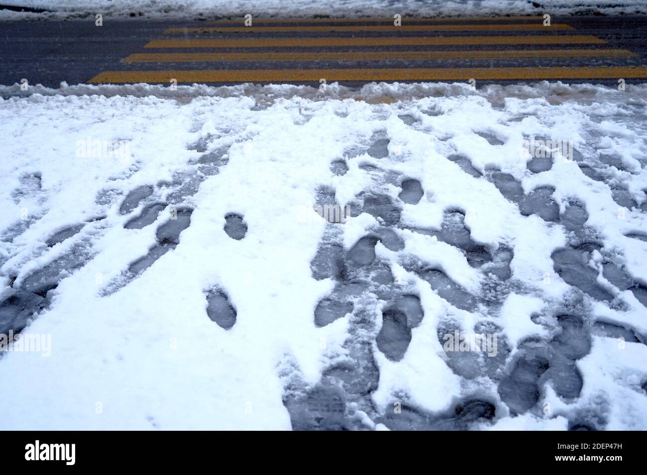 Empreintes de chaussures et pattes de chien dans le trottoir couvert de  neige. La neige n'a pas été essuyée. Le passage piéton en arrière-plan est  effacé Photo Stock - Alamy