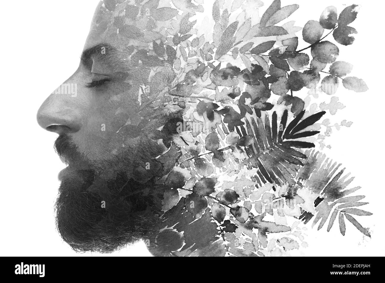 Un homme audacieux barbu avec des yeux fermés profil portrait floral la peinture Banque D'Images