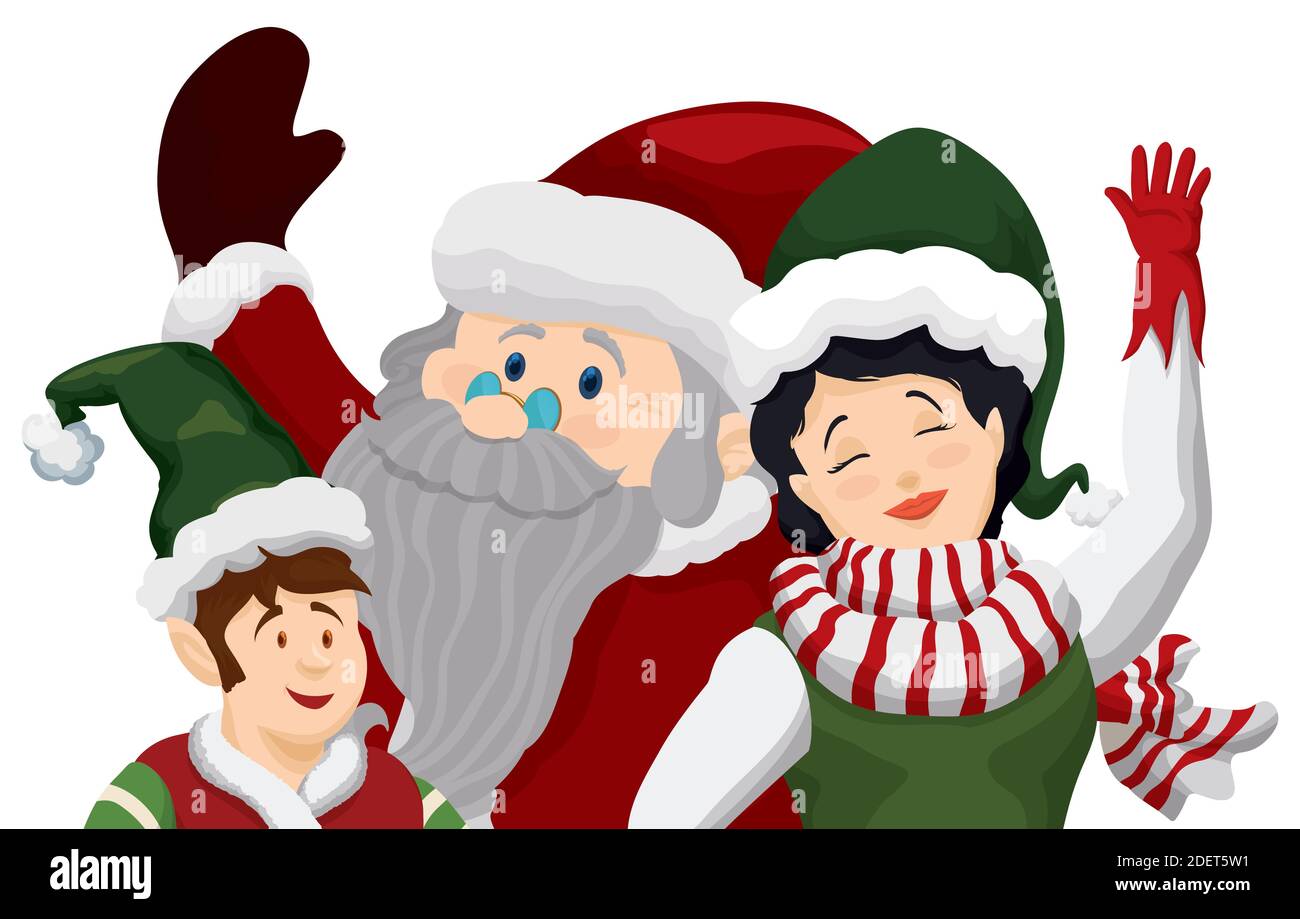 Portrait de fête avec la famille de Noël : le Père Noël et les lutins, célébrant Noël. Illustration de Vecteur