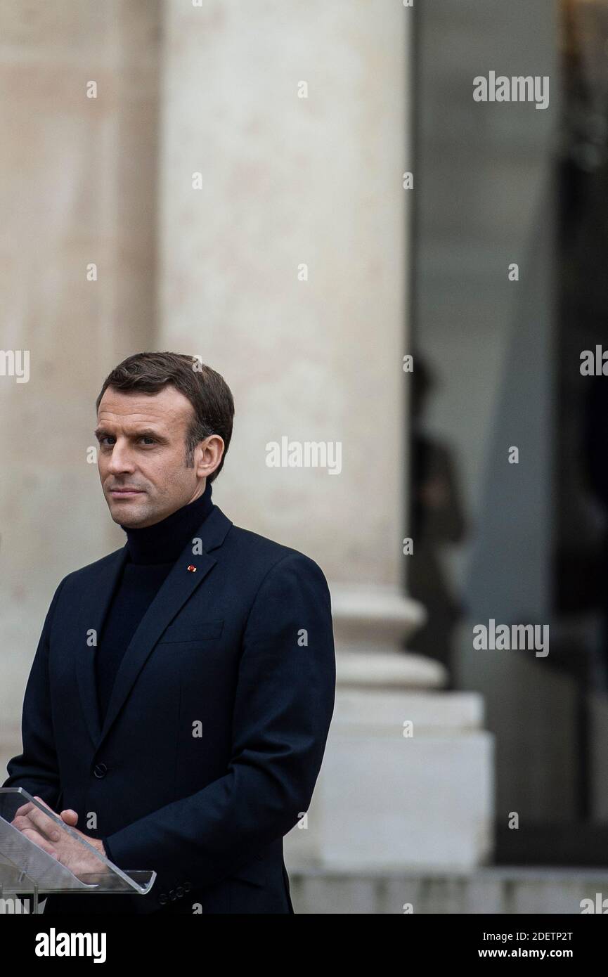 Le président français Emmanuel Macron s'exprime à l'Elysée Palace à Paris, France, le 10 décembre 2019. Photo par Eliot Blondt/ABACAPRESS.COM Banque D'Images