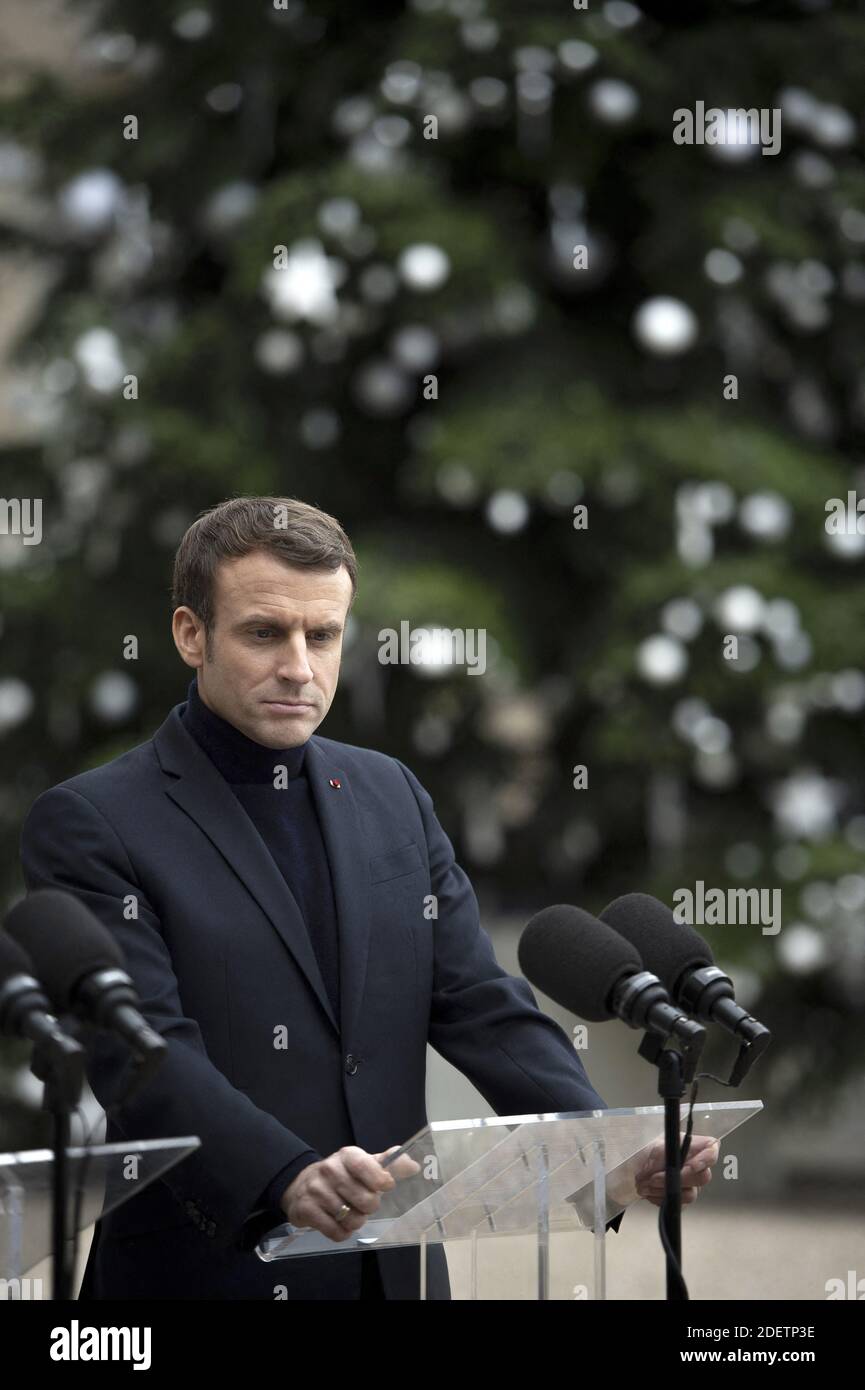 Le président français Emmanuel Macron s'exprime à l'Elysée Palace à Paris, France, le 10 décembre 2019. Photo par Eliot Blondt/ABACAPRESS.COM Banque D'Images