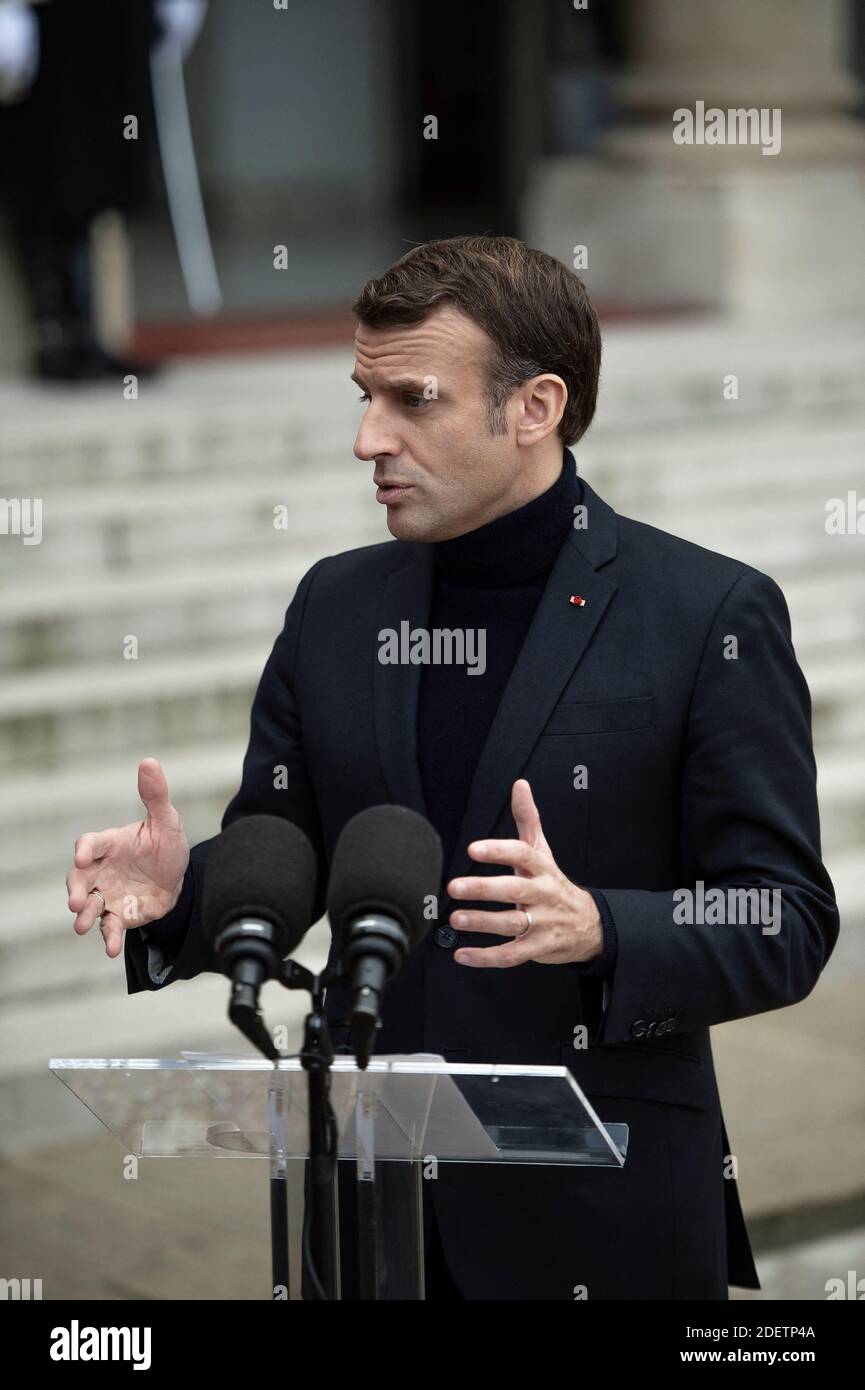 Le président français Emmanuel Macron s'exprime à l'Elysée Palace à Paris, France, le 10 décembre 2019. Photo par Eliot Blondt/ABACAPRESS.COM Banque D'Images