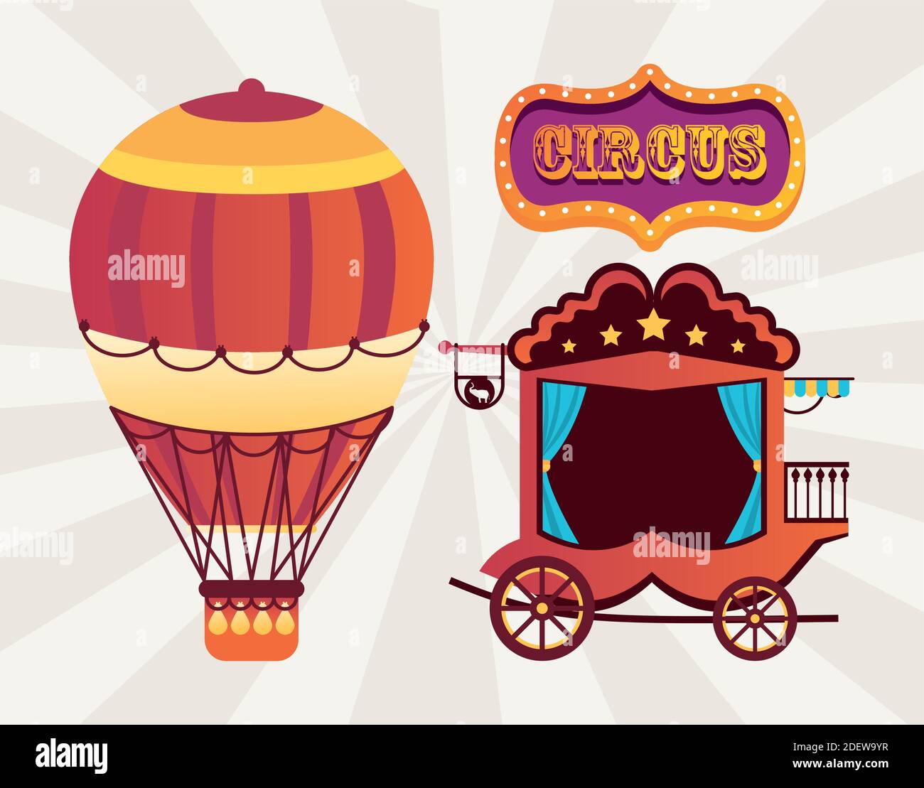 cirque traditionnel calèche vintage et ballon air chaud avec bannière illustration vectorielle Illustration de Vecteur