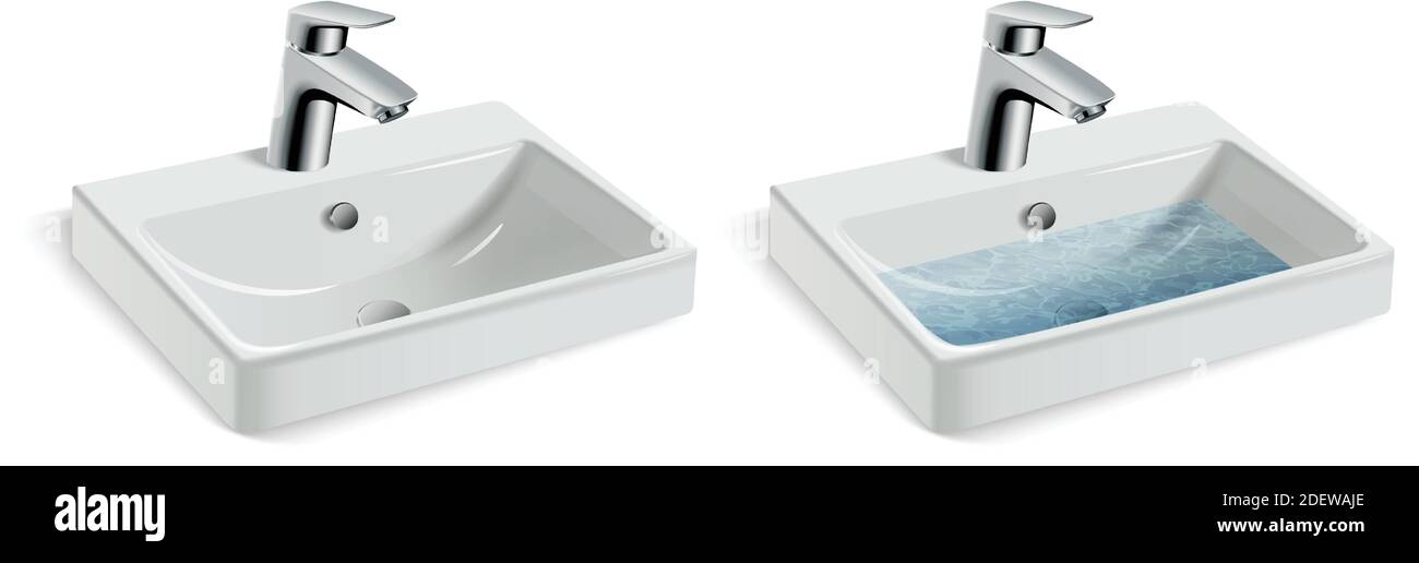illustration vectorielle 3d réaliste d'un évier à laver blanc en porcelaine et d'un robinet d'eau, avec et sans eau. Illustration de Vecteur