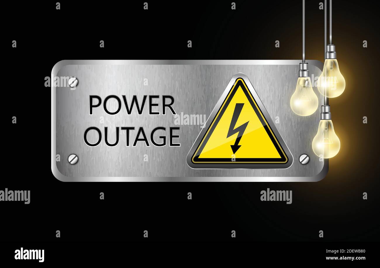 Panneau métallique Vector Power coupure avec panneau d'avertissement et ampoules électriques, sur fond noir. Illustration de Vecteur