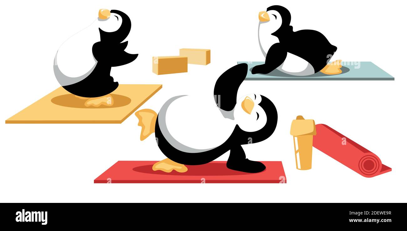 Stretch Balancing Yoga avec Cartoon Penguins Illustration de Vecteur